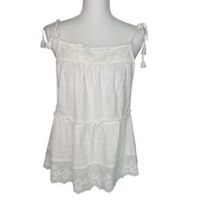 Anthropologie April White Tiered Babydoll Embroidered Tassel Top Indie Boho Sz S